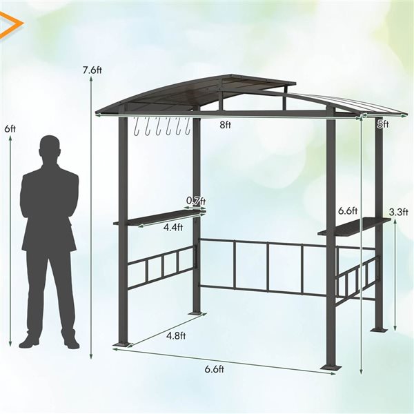 Costway 8 x 5-ft Hardtop Grill Gazebo with  Vented Polycarbonate Roof, Side Shelves and Hooks