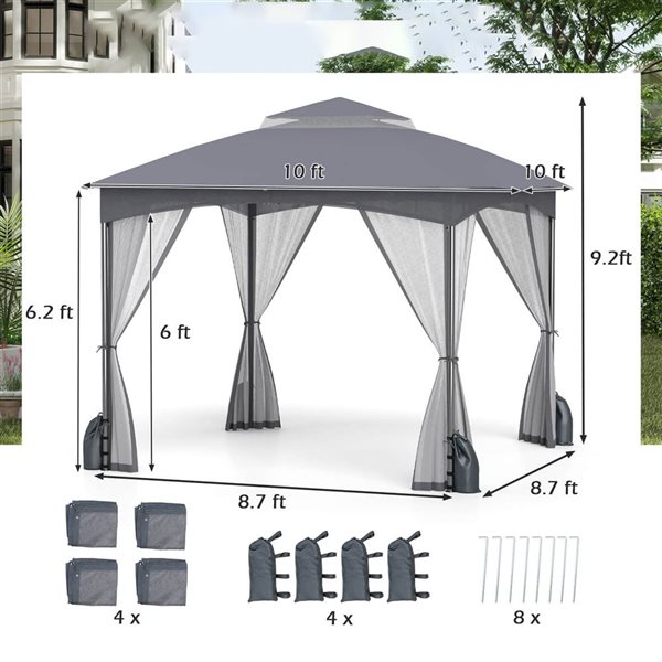 Costway 10 x 10-ft Outdoor Patio Gazebo with Netting Walls and Zippered Doors
