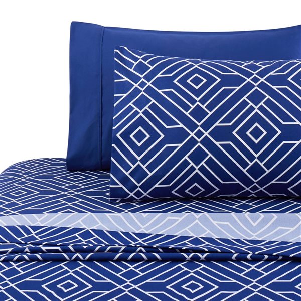 Marina Decoration Blue Geometric Bamboo Rayon Printed Sheet Set with Pillowcases - Queen Size