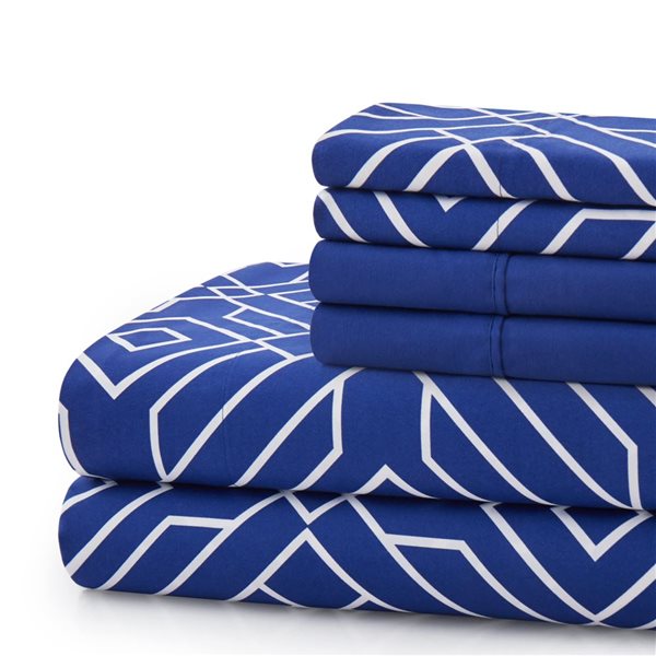 Marina Decoration Blue Geometric Bamboo Rayon Printed Sheet Set with Pillowcases - Queen Size