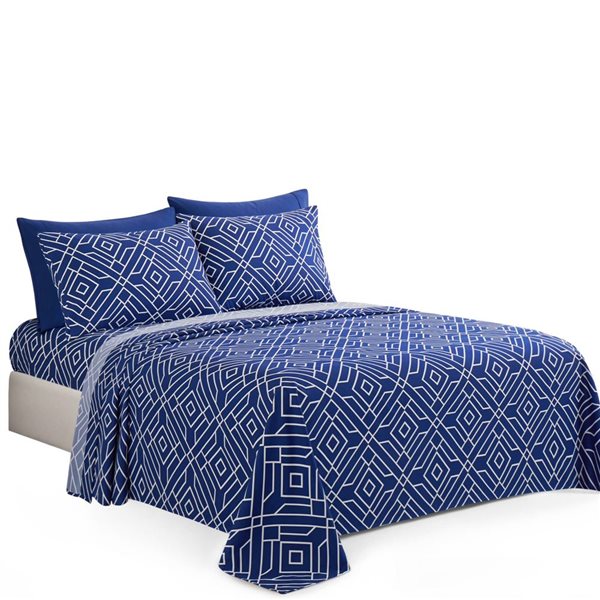 Marina Decoration Blue Geometric Bamboo Rayon Printed Sheet Set with Pillowcases - Queen Size