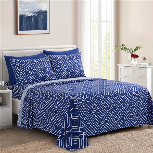 Marina Decoration Blue Geometric Bamboo Rayon Printed Sheet Set with Pillowcases - Queen Size
