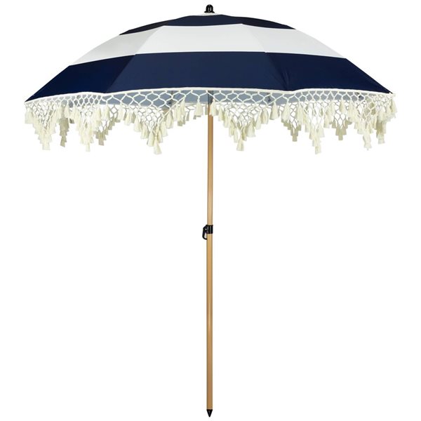 Northlight 6.5-ft Striped Outdoor Tilting Macrame Boho Beach Market Umbrella - Blue and White
