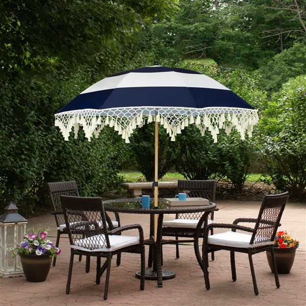 Northlight 6.5-ft Striped Outdoor Tilting Macrame Boho Beach Market Umbrella - Blue and White