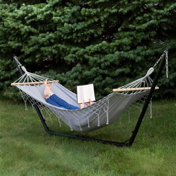 Northlight 100 x 41-in Hammock with Netted Fringe and Wooden Bars - Grey