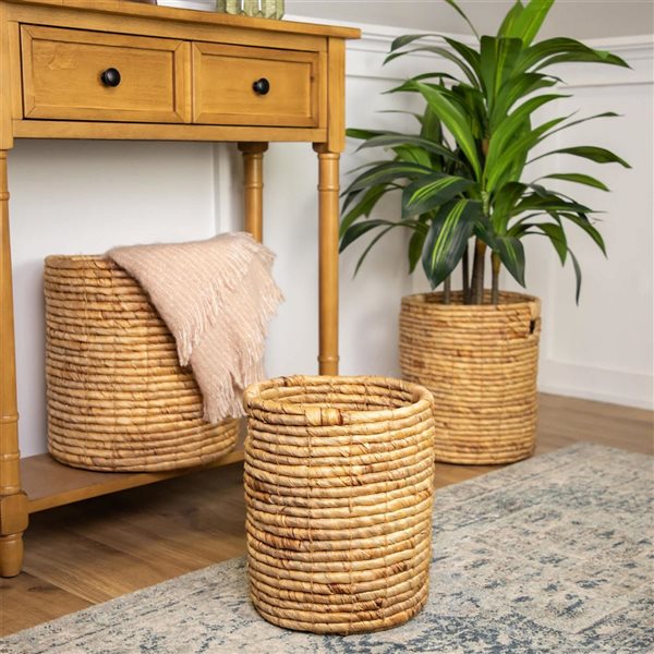 Northlight 3-Pc Natural Woven Cylindrical Seagrass Table and Floor Baskets - Brown