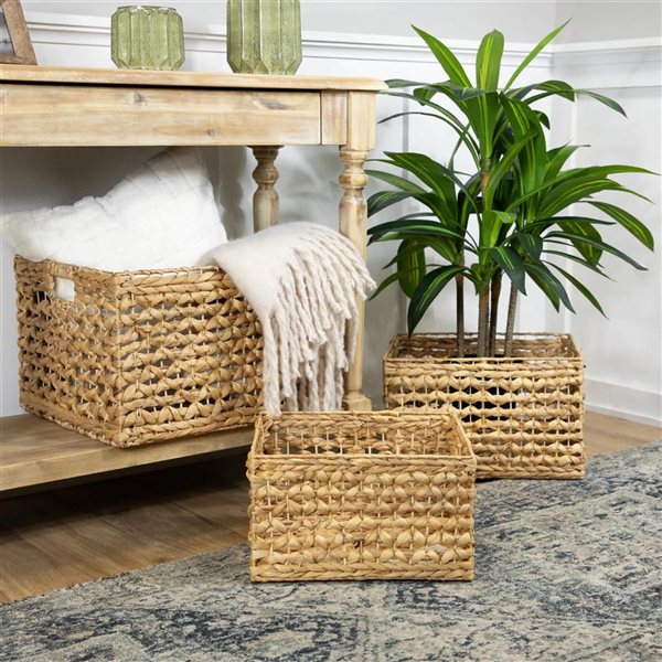 Northlight 17.75-in 3-Pc Diamond Weave Rectangular Water Hyacinth Baskets with Handles - Beige