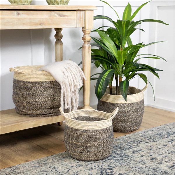 Northlight 13.25-in 3-Pc Woven Seagrass Storage Baskets with Built-in Handles - Beige