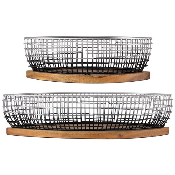 Northlight 15-in 2-Pc Oblong Iron Baskets with Wooden Base - Silver and Black