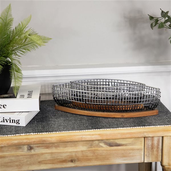 Northlight 15-in 2-Pc Oblong Iron Baskets with Wooden Base - Silver and Black