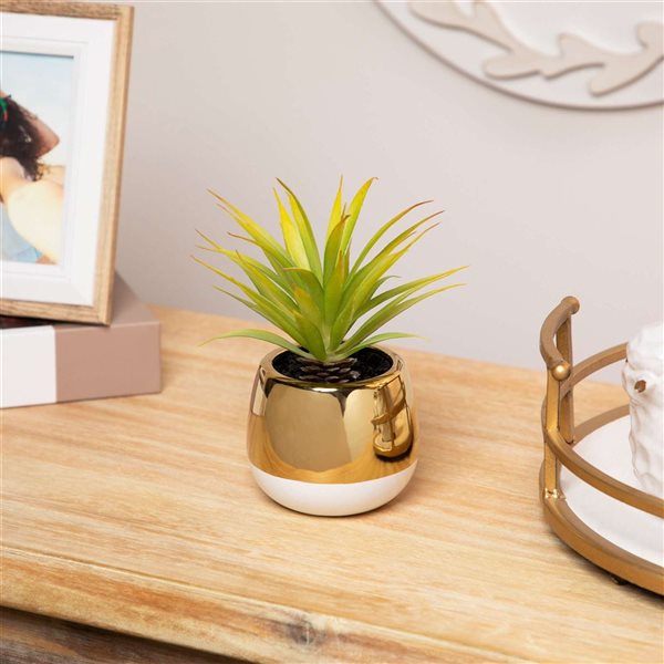 Northlight 7-in Artificial Agave Plant - Gold Ceramic Pot