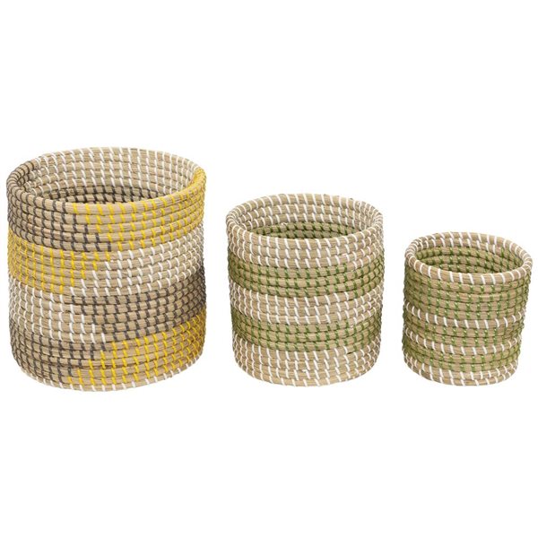 Northlight 9.75-in 3-Pc Striped Olive and Beige Woven Seagrass Baskets