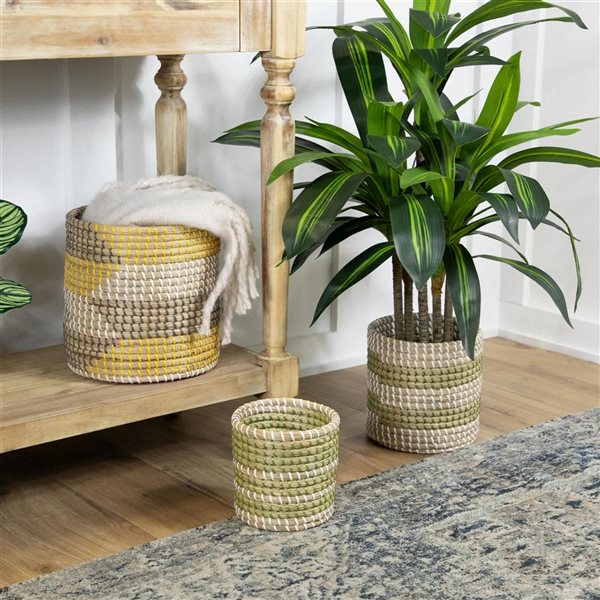 Northlight 9.75-in 3-Pc Striped Olive and Beige Woven Seagrass Baskets