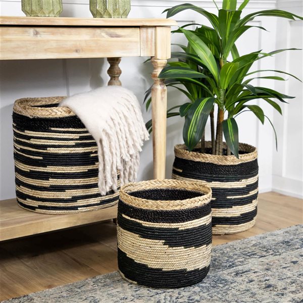 Northlight 15.5-in 3-Pc Black and Beige Zig Zag Sewn Seagrass Storage Baskets