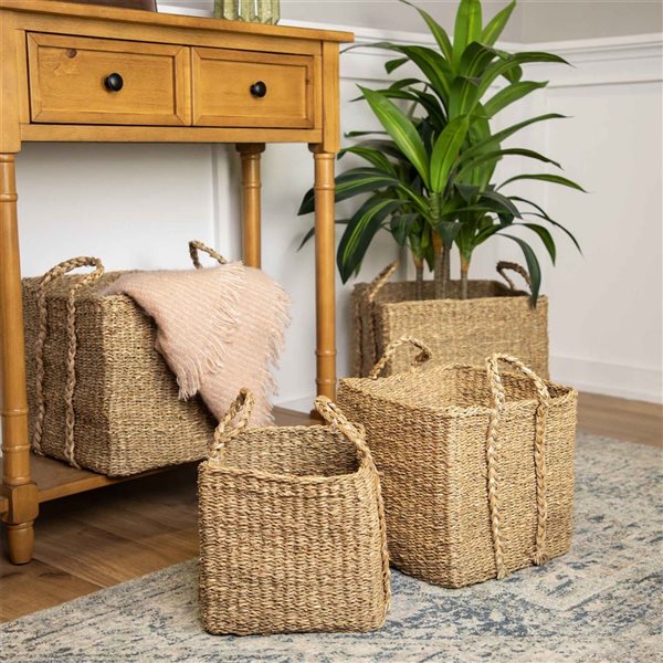 Northlight 4-Pc Rustic Square Wicker Table and Floor Baskets - Brown