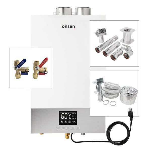 Onsen 14L 3.7-GPM 100K-BTU Indoor Tankless Water Heater Natural Gas with 3-in Vent System & Service Valve Kit