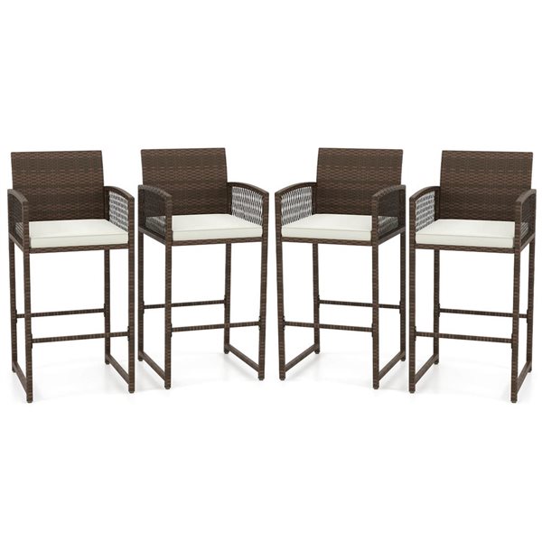 Set of 4 Costway PE Rattan Patio Bar Stools w/ Backrest and Armrests - Off-White