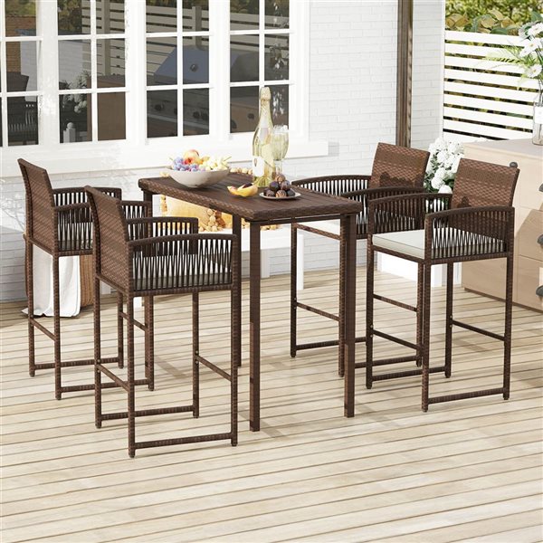 Set of 4 Costway PE Rattan Patio Bar Stools w/ Backrest and Armrests - Off-White