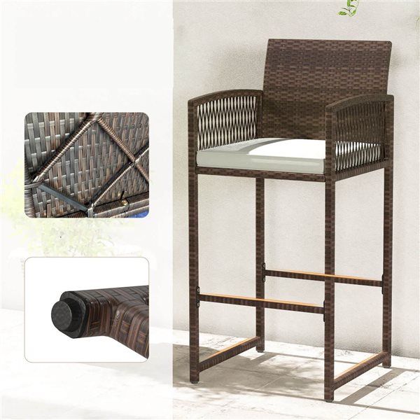 Set of 4 Costway PE Rattan Patio Bar Stools w/ Backrest and Armrests - Off-White