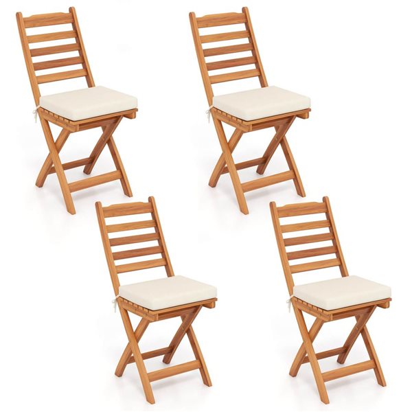Set of 4 Costway Folding Patio Chairs w/ Slatted Backrest and Padded Seat Cushion - Off-White