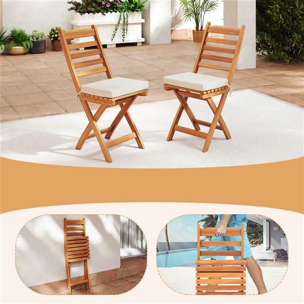 Set of 4 Costway Folding Patio Chairs w/ Slatted Backrest and Padded Seat Cushion - Off-White