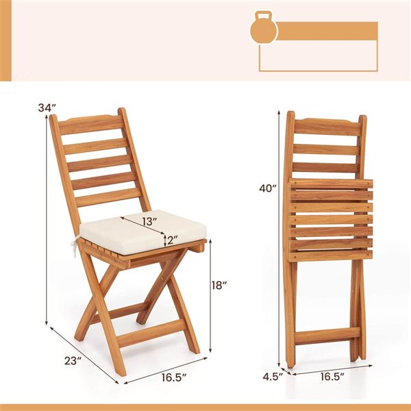 Set of 4 Costway Folding Patio Chairs w/ Slatted Backrest and Padded Seat Cushion - Off-White