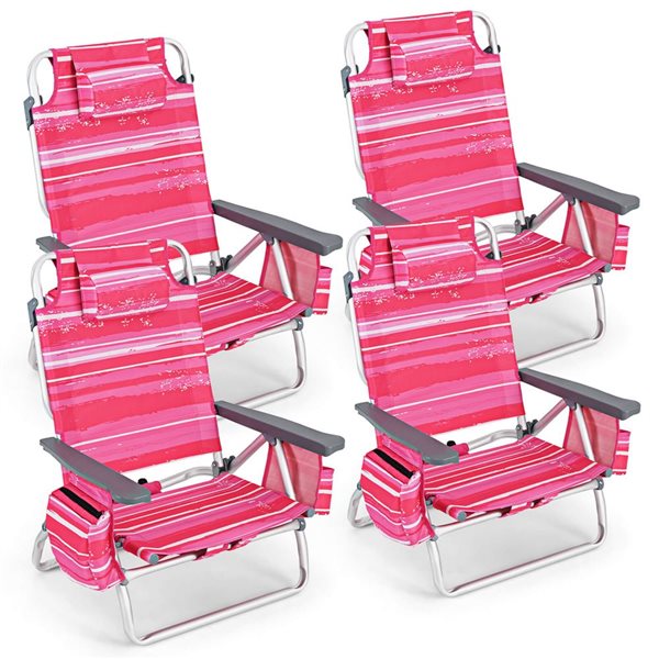 Set of 4 Costway Patiojoy Folding Beach Chairs w/ 5-Position Reclining and Headrest - Dark Pink