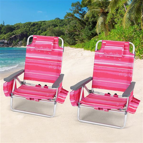 Set of 4 Costway Patiojoy Folding Beach Chairs w/ 5-Position Reclining and Headrest - Dark Pink