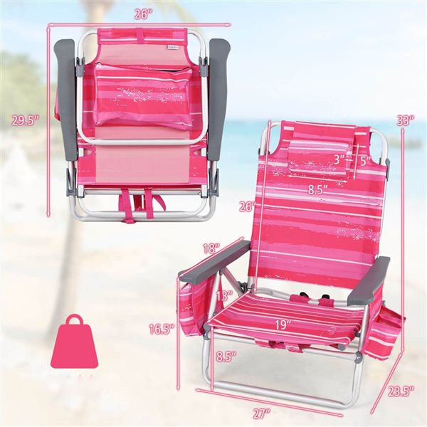 Set of 4 Costway Patiojoy Folding Beach Chairs w/ 5-Position Reclining and Headrest - Dark Pink