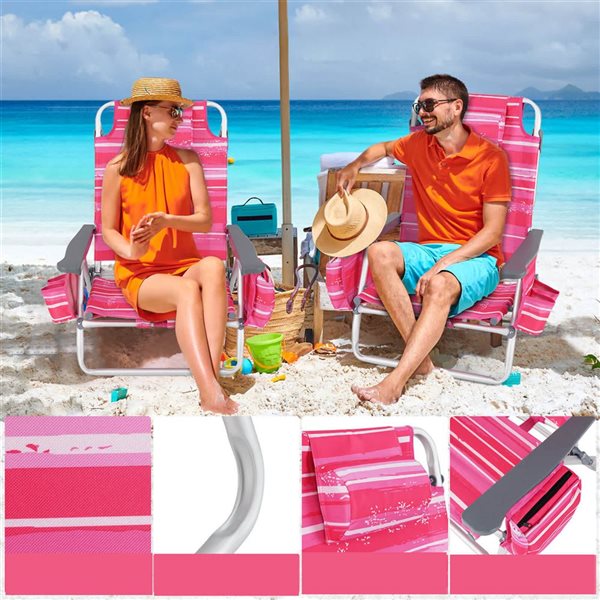 Set of 4 Costway Patiojoy Folding Beach Chairs w/ 5-Position Reclining and Headrest - Dark Pink