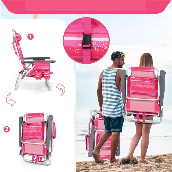 Set of 4 Costway Patiojoy Folding Beach Chairs w/ 5-Position Reclining and Headrest - Dark Pink