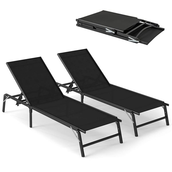 Set of 2 Costway Folding Lounge Chairs w/ 5-position Backrest - Black