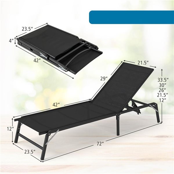 Set of 2 Costway Folding Lounge Chairs w/ 5-position Backrest - Black