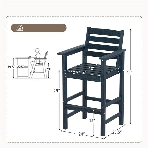 Costway Adirondack Patio Bar Chairs w/ Backrest Armrests + Footrest - Navy
