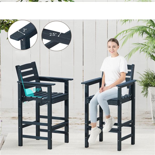 Costway Adirondack Patio Bar Chairs w/ Backrest Armrests + Footrest - Navy