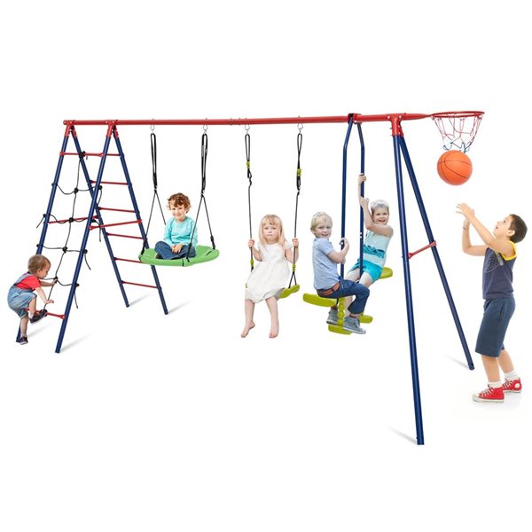 Costway Metal 2-Height Adjustable Swing Set with Basketball Hoop