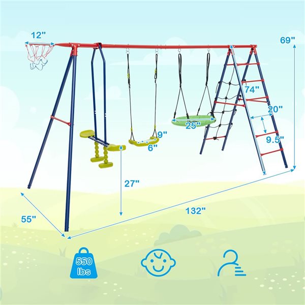Costway Metal 2-Height Adjustable Swing Set with Basketball Hoop