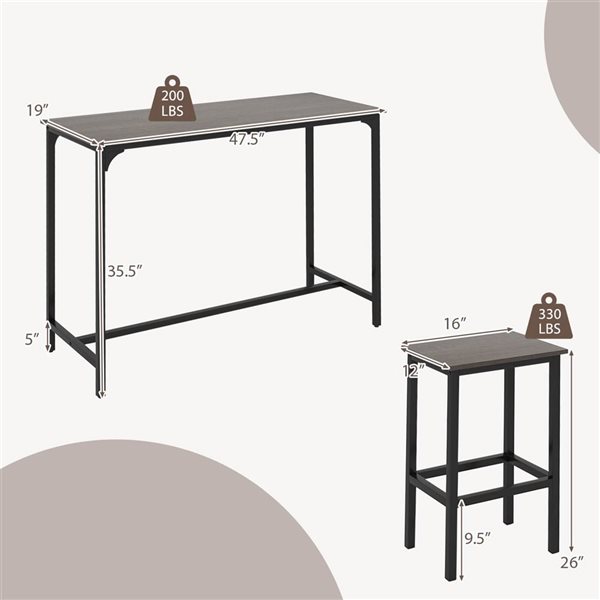 Costway 3‑Piece Grey Counter Height Table Set with Footrests Rectangular Pub Table & Chairs