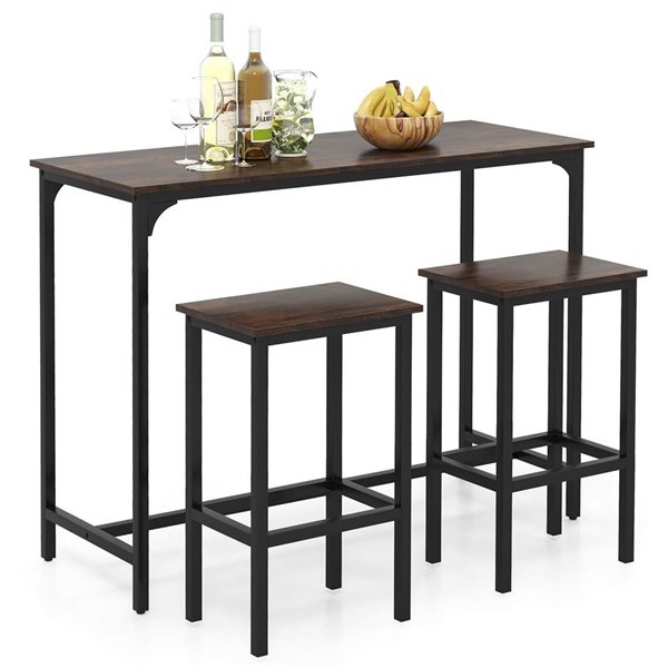 Costway 3‑Piece Brown Counter Height Table Set with Footrests Rectangular Pub Table & Chairs