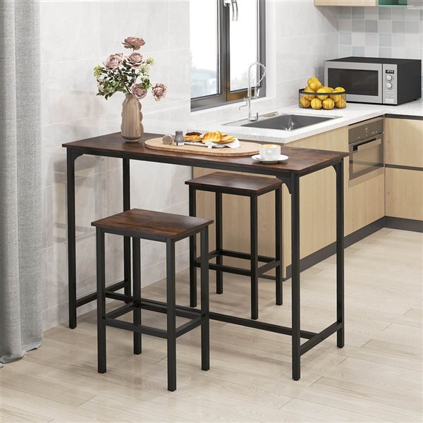 Costway 3‑Piece Brown Counter Height Table Set with Footrests Rectangular Pub Table & Chairs