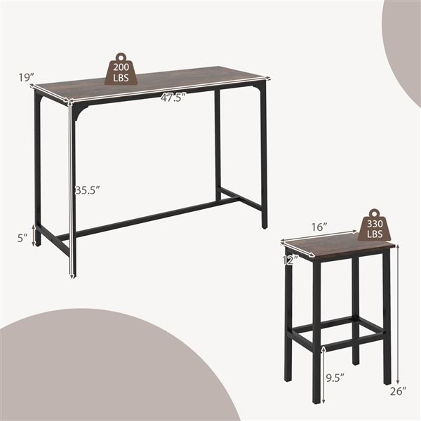 Costway 3‑Piece Brown Counter Height Table Set with Footrests Rectangular Pub Table & Chairs