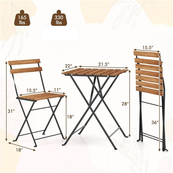Costway 3-Piece Brown Acacia Wood Patio Bistro Set
