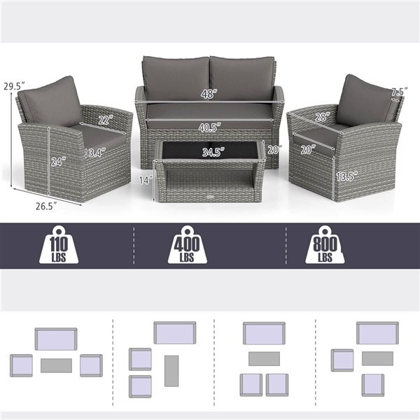 Costway 4-Piece Grey Patio Furniture Set