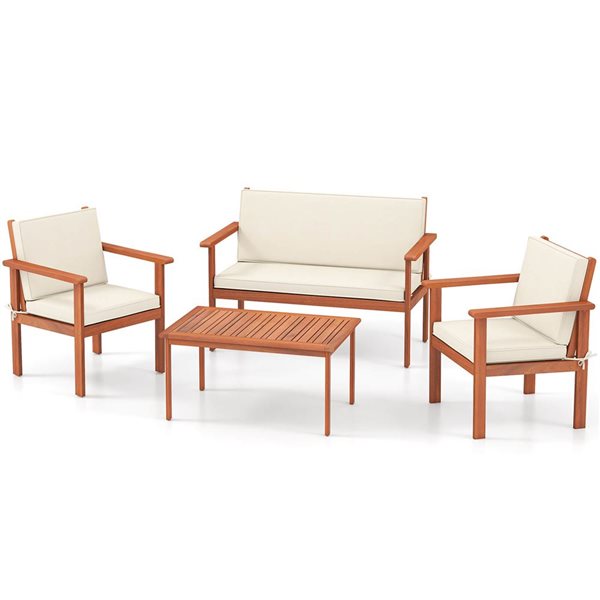 Costway 4-Piece Acacia Wood Conversation Set with Seat, Back Cushions, Loveseat & Armchairs