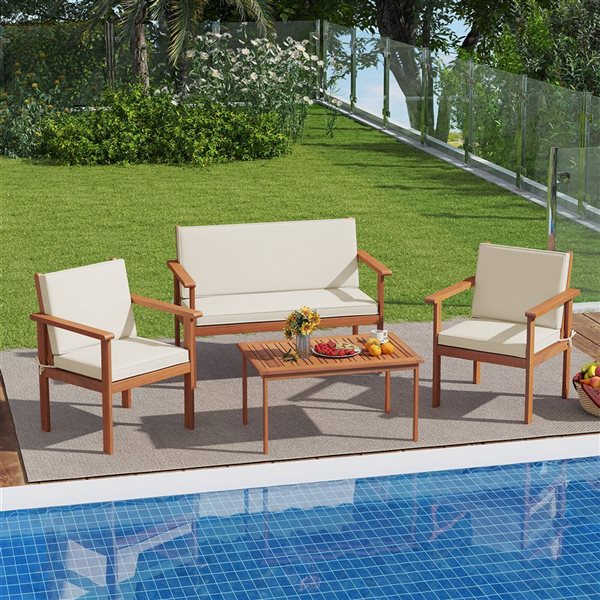 Costway 4-Piece Acacia Wood Conversation Set with Seat, Back Cushions, Loveseat & Armchairs