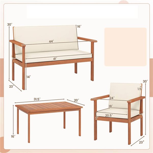 Costway 4-Piece Acacia Wood Conversation Set with Seat, Back Cushions, Loveseat & Armchairs