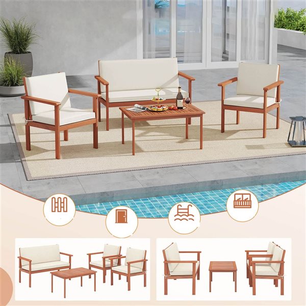 Costway 4-Piece Acacia Wood Conversation Set with Seat, Back Cushions, Loveseat & Armchairs