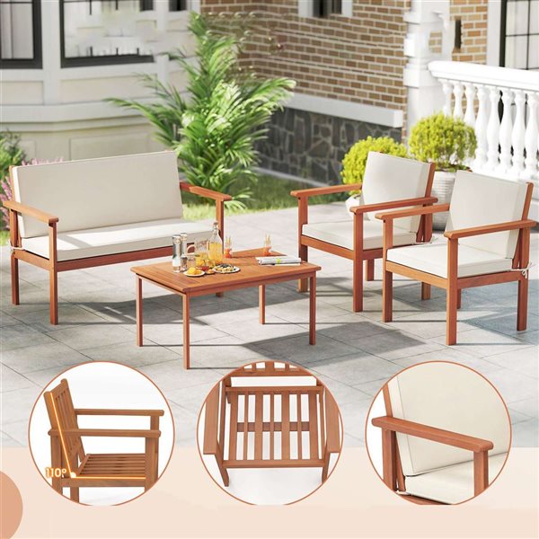 Costway 4-Piece Acacia Wood Conversation Set with Seat, Back Cushions, Loveseat & Armchairs