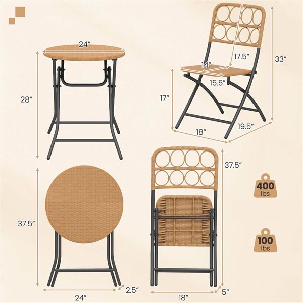 Costway 3-Piece Patio Bistro Set with Wicker Seat & Tabletop