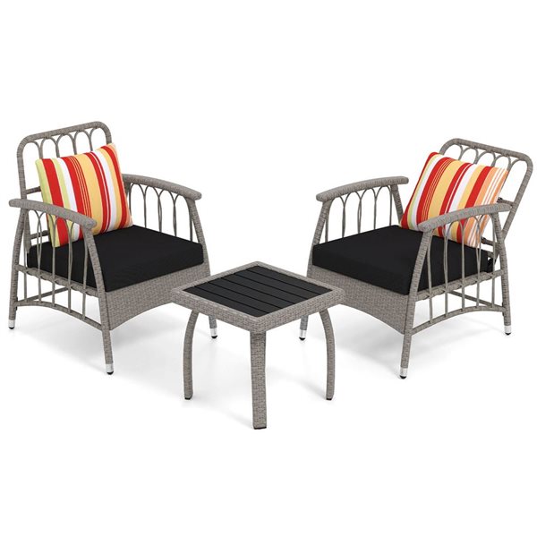 Costway 3-Piece Patio PE Wicker Bistro Furniture Set with 5-Level Adjustable Backrest